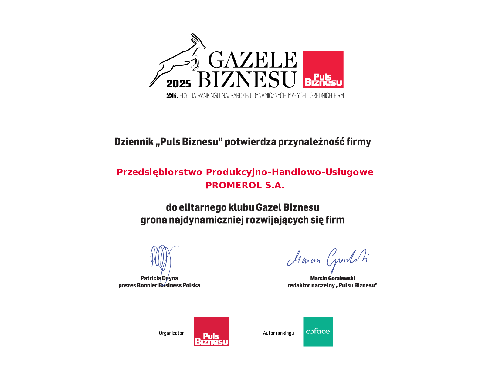 Gazela Biznesu 2025 dla PROMEROL S.A.